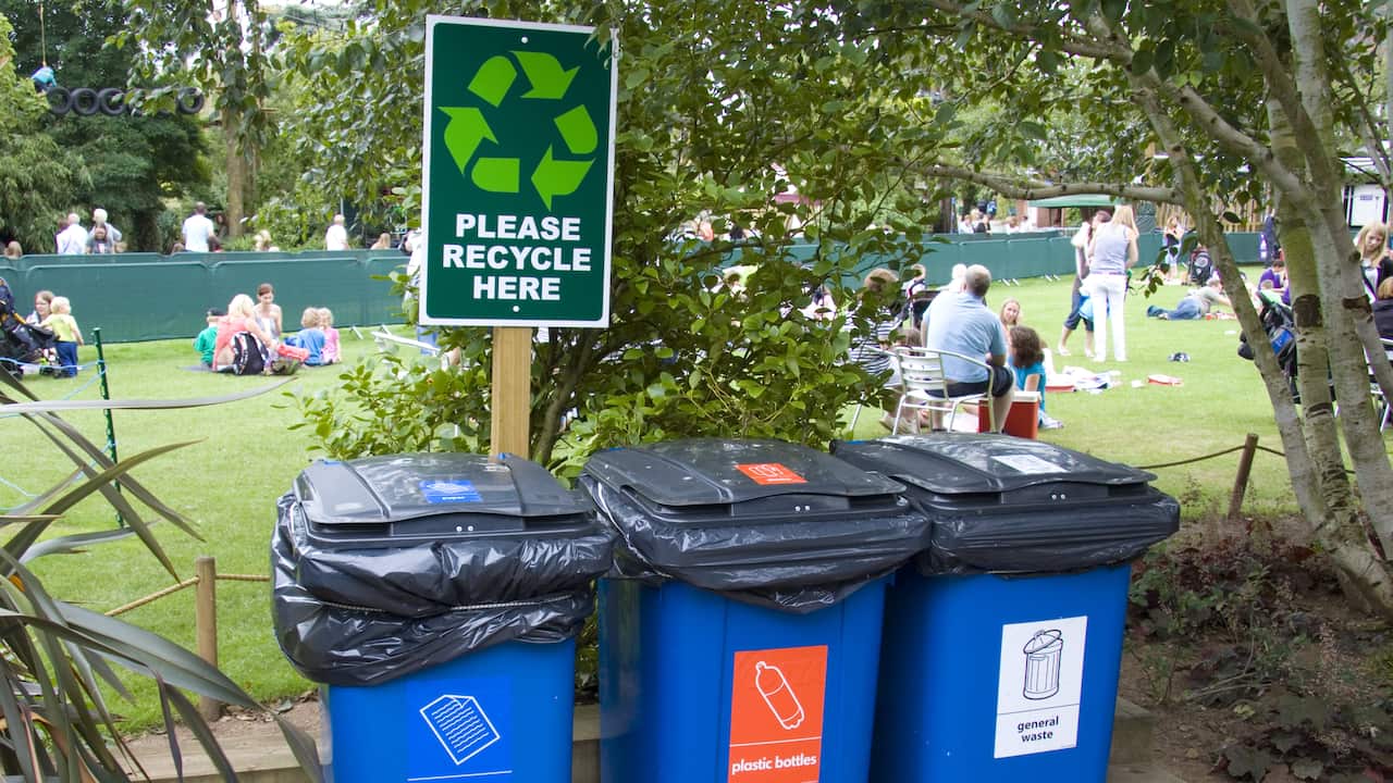 Recycling bins in a park in the UK. 