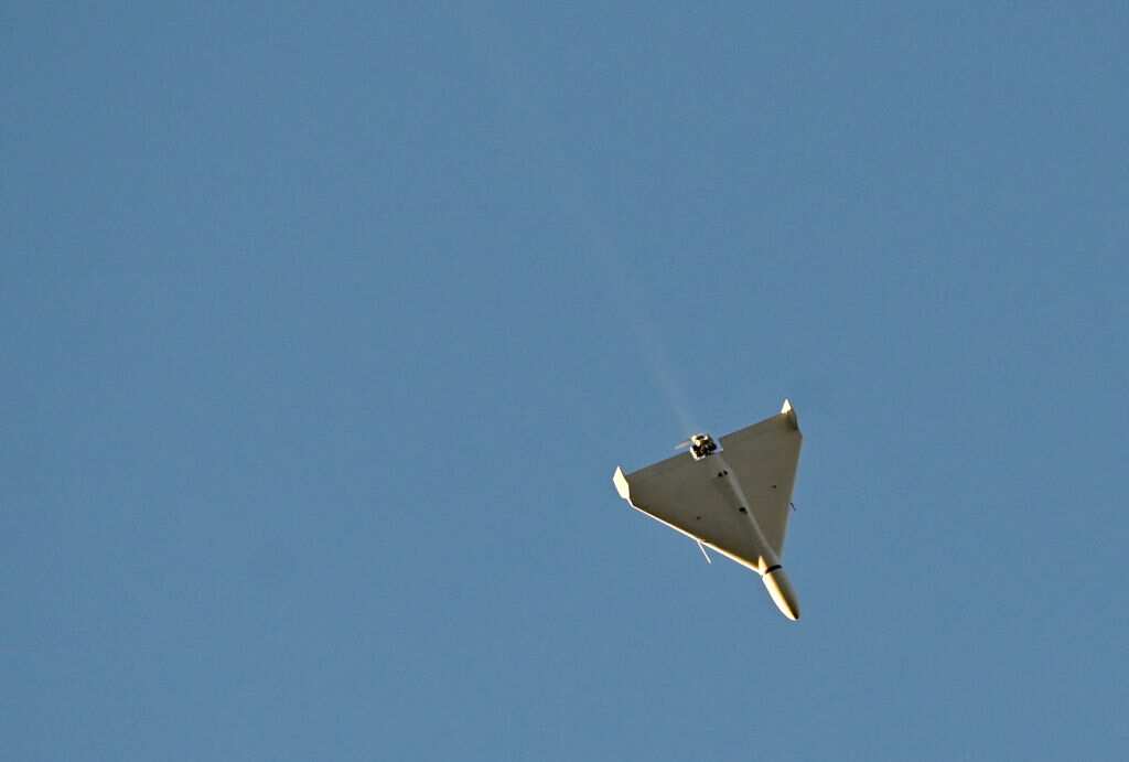A drone flies over Kyiv during an attack amid the Russian invasion of Ukraine.