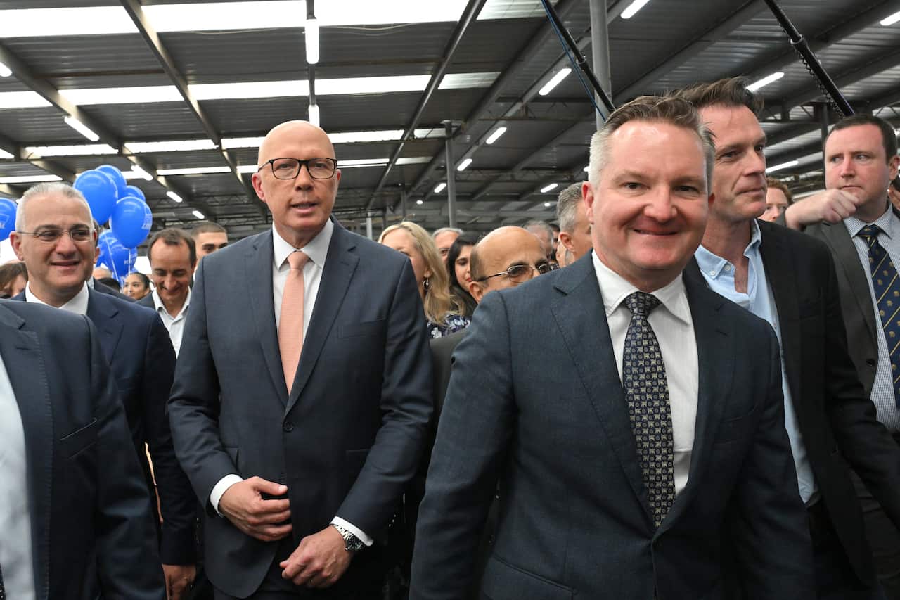 Peter Dutton, Chris Bowen and Chris Minns standing near one another.