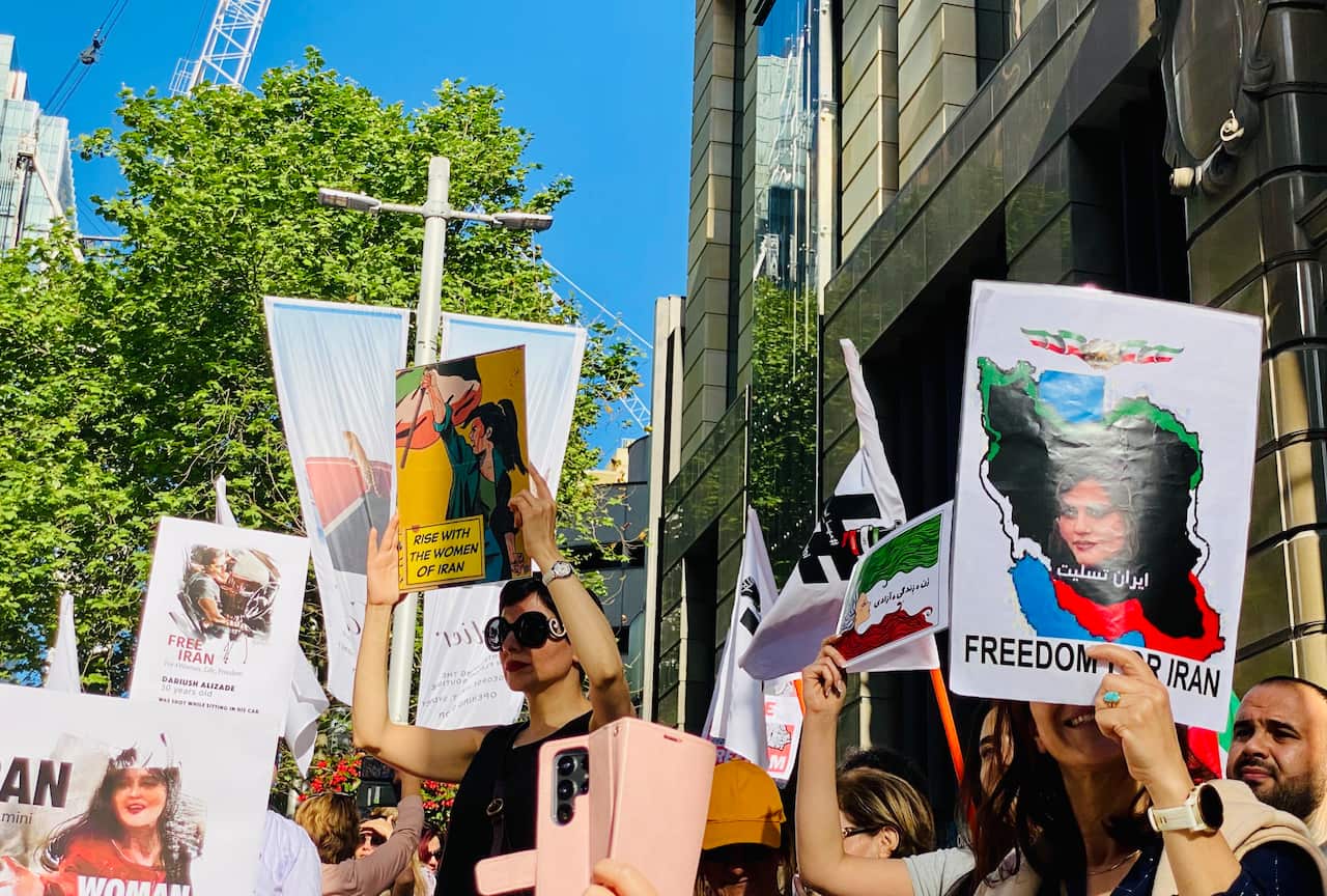 Thousands of people gathered in Martin Place to protest against the government of Iran on Saturday 15 Oct