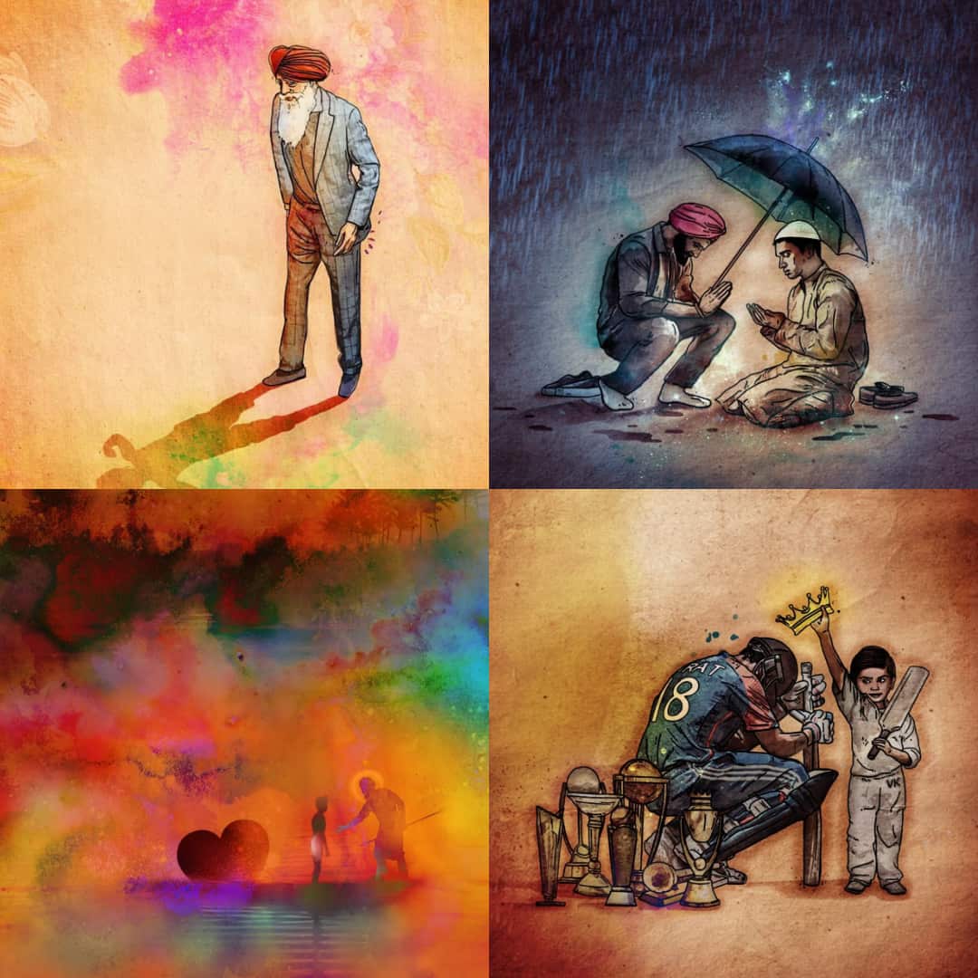 A collage of 4 paintings by British Punjabi artist Amandeep Singh aka Inkquisitive. 