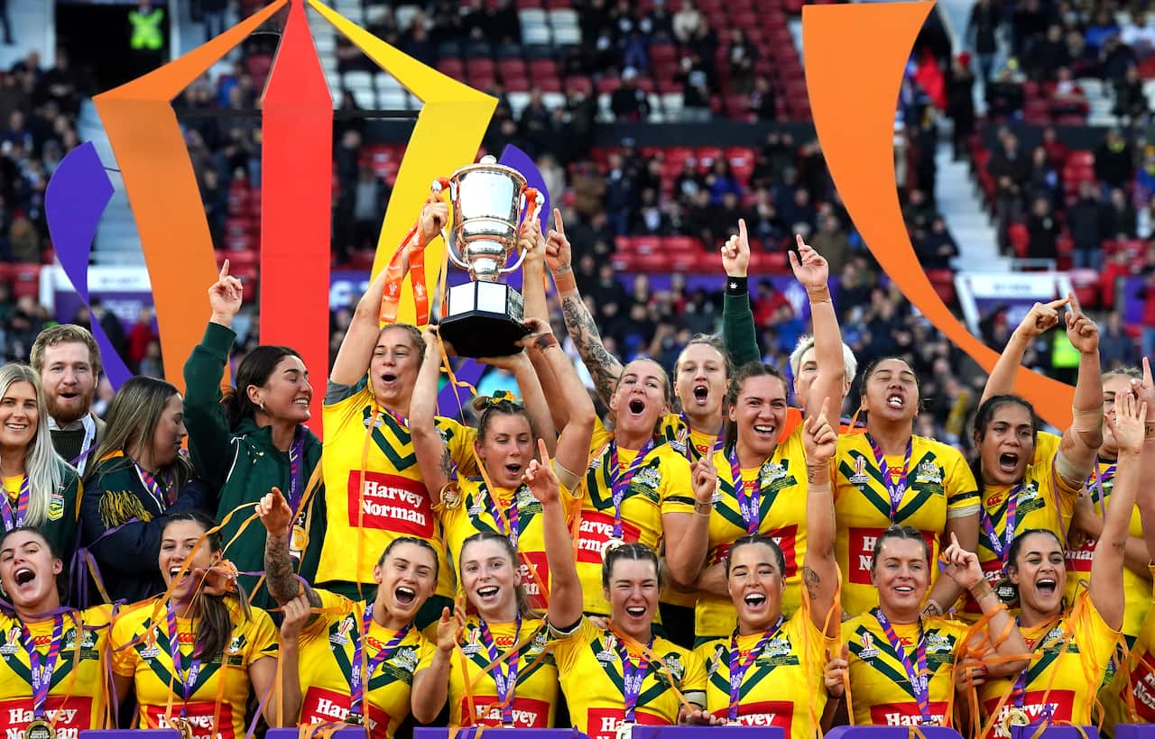 The Jillaroos celebrate their world cup win