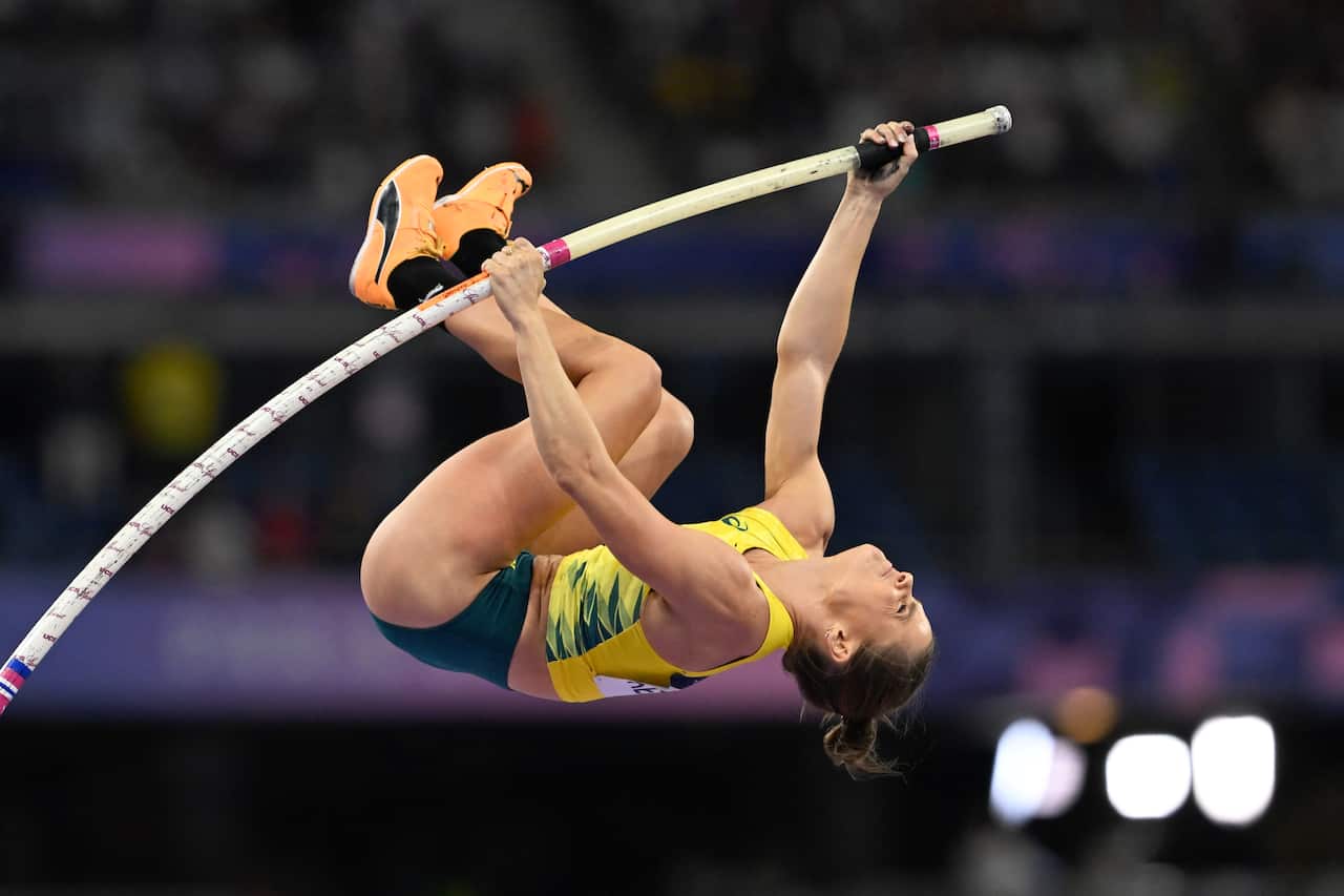 Australian Nina Kennedy during the Women's Pole Vault Final at the Stade de France in Saint-Denis