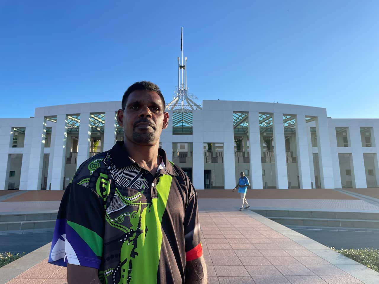 Michael Gavenor [front] and Lawrence Burke [back] visit Parliament House in Canberra. 