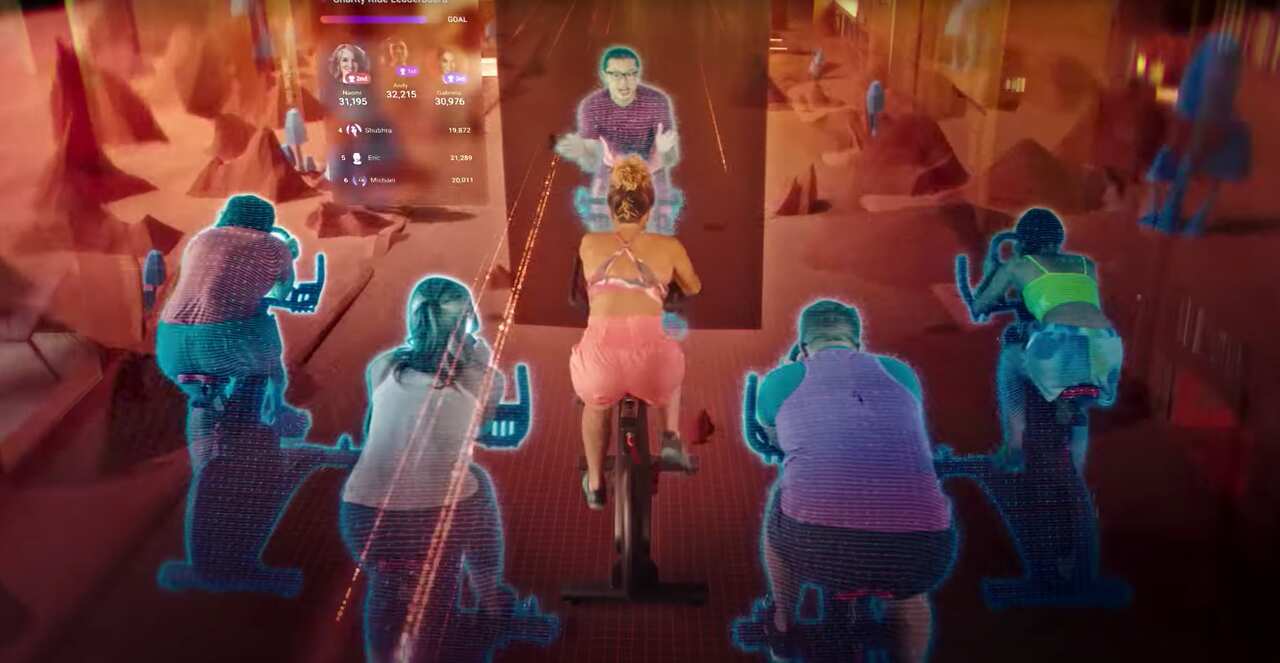 Avatars attend a spin class in the metaverse.